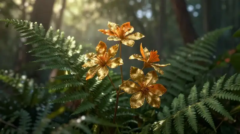 Dew-kissed gold and orange flowers among lush green ferns