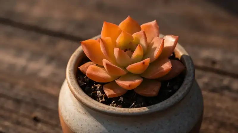 Orange succulent in a rustic ceramic pot bathed in warm light