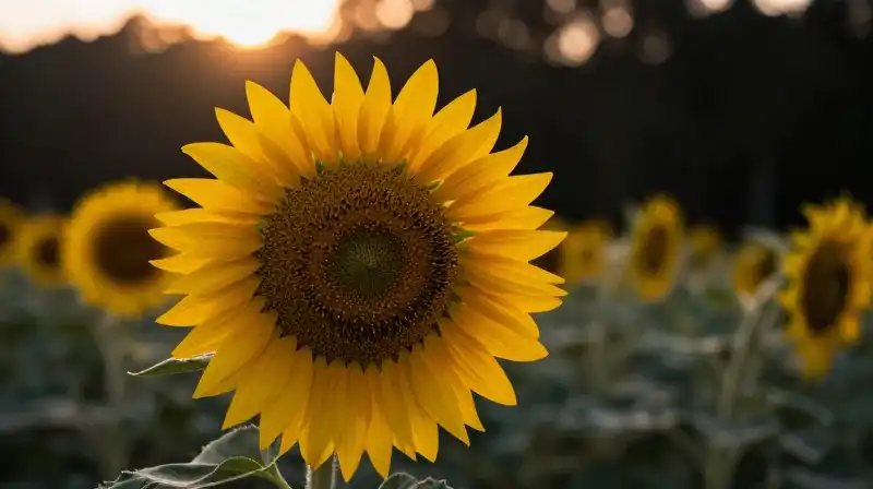 A golden sunflower with rich foliage stands dramatically against the background