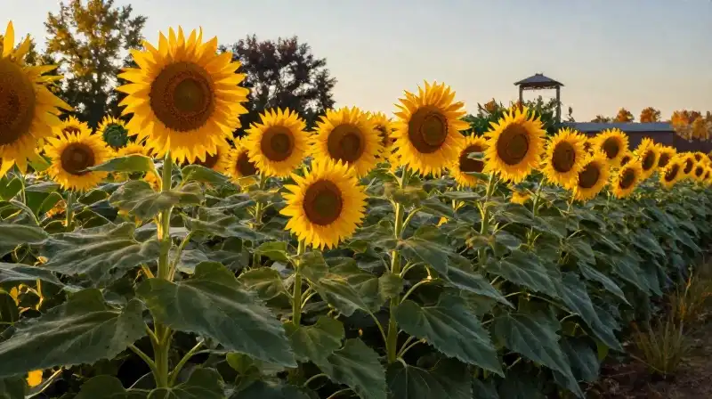 Vibrant sunflowers stand tall in a golden autumn garden