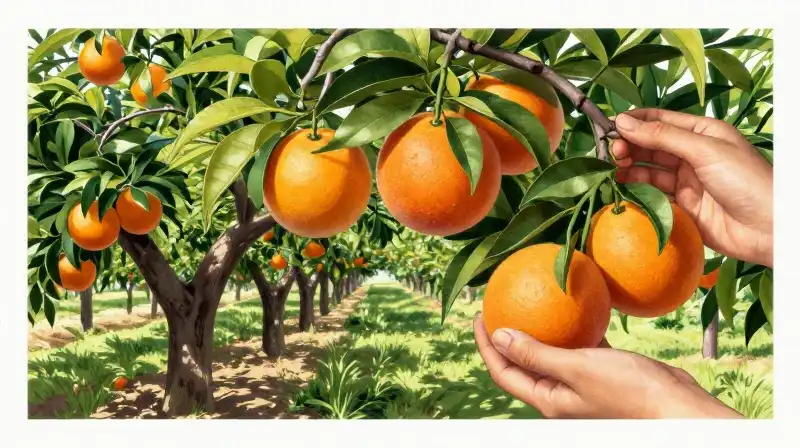 Hands inspect bright orange peaches in a sunlit orchard row