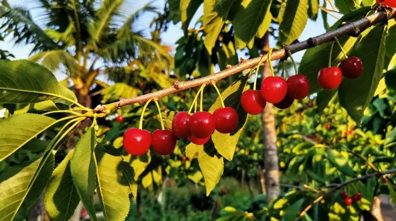 Ripe red cherries hang from a branch in a lush tropical garden