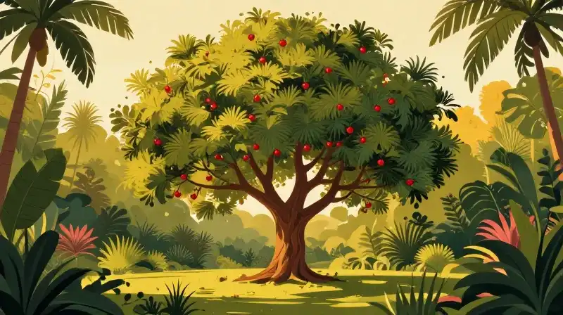 Stylized cherry blossoms shine in a lush, golden garden