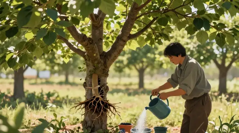 Sunlight warms a gardener tending to a meticulously pruned cherry tree