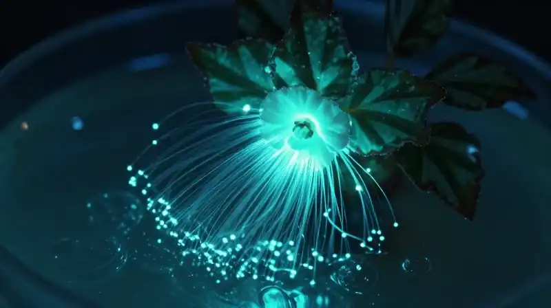 Glowing mutated flowers drift within cyan, filament-strewn nutrient fluid