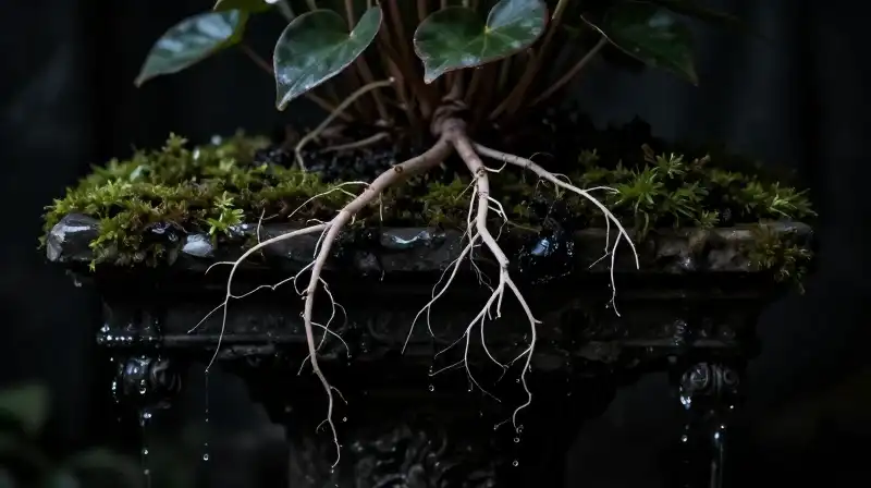 Shadowy moss drips dark water onto fragile roots
