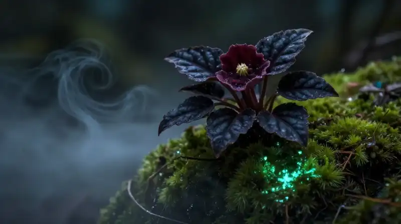 A dark begonia glows amidst the swirling, misty surroundings