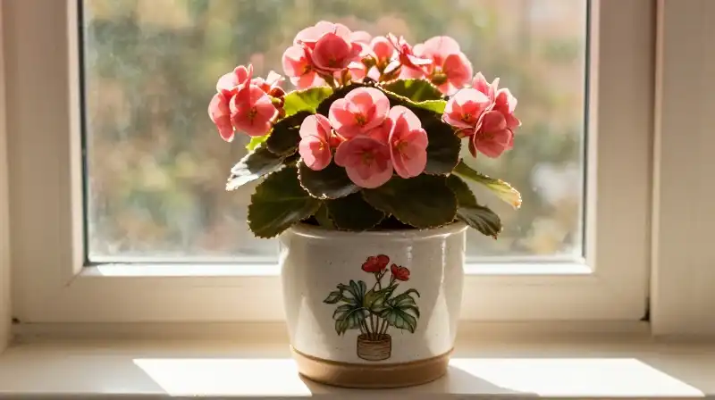 Pink begonia in a speckled pot, bathed in warm golden light