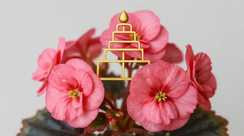 A vibrant pink begonia is overlaid with intricate golden abstract patterns