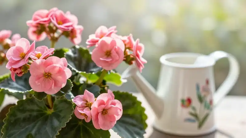 Vibrant pink begonia beside delicate ceramic can in soft morning light