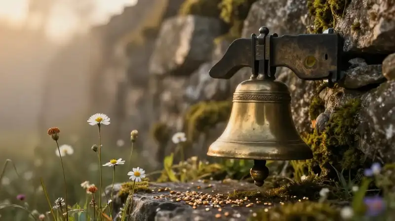 Golden light falls on an ancient bell against a foggy, mossy wall