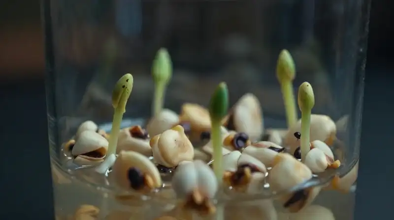 Tiny green sprouts emerge dramatically from glass terrarium medium
