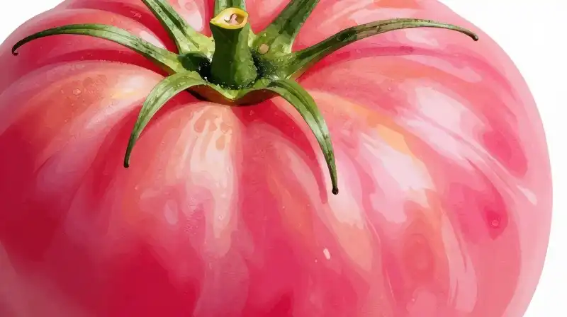 A pink tie-dye tomato glows with vibrant swirling colors