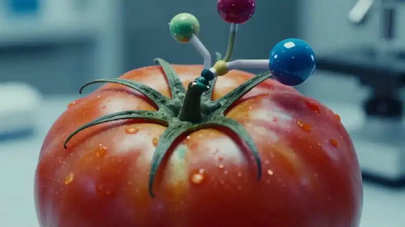 Vibrant tie-dye tomato housed within intricate scientific machinery