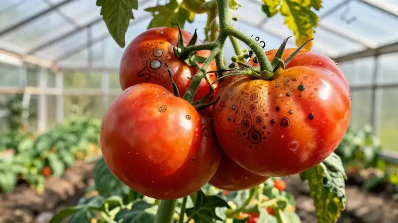 A vibrant tie-dye tomato cluster hangs in a sun-dappled rustic greenhouse