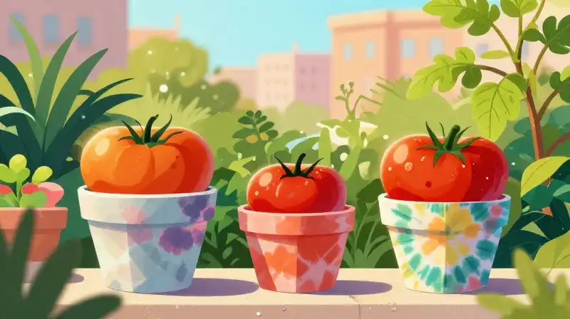 Vibrant tomatoes bloom in tie-dye pots in a golden, lush garden