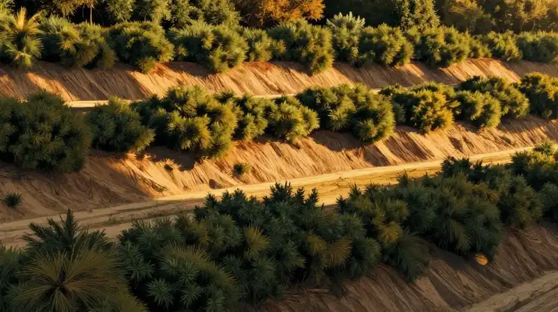 Tiered golden berms covered in dense shrubs bathed in sunset light