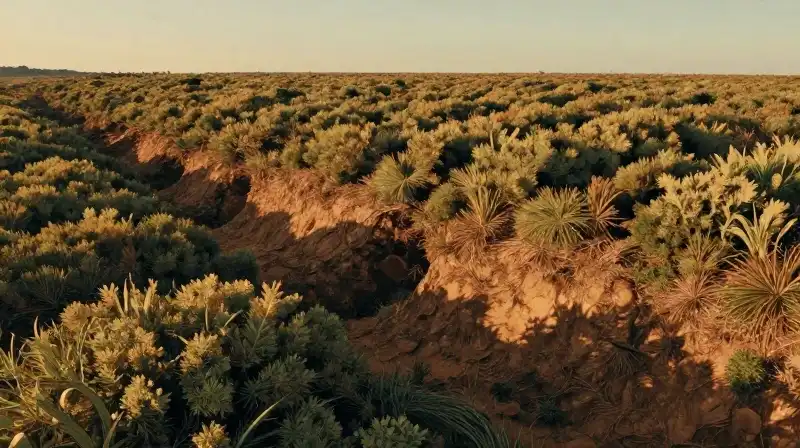 Golden light hits rolling earth hills draped in dense native scrub
