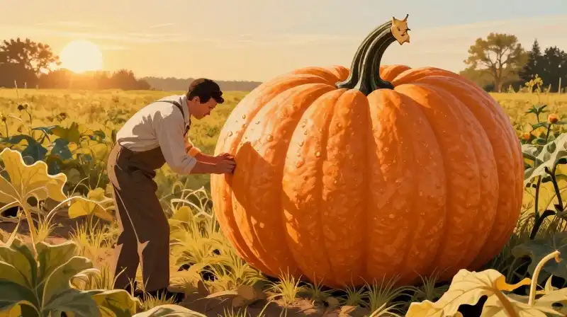 A giant pumpkin rests in an overgrown, sun-drenched field
