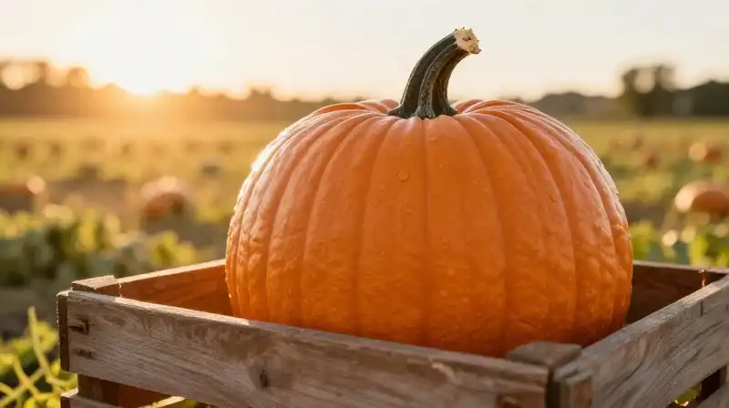 Vibrant orange pumpkin in a rustic crate, bathed in golden sunset light