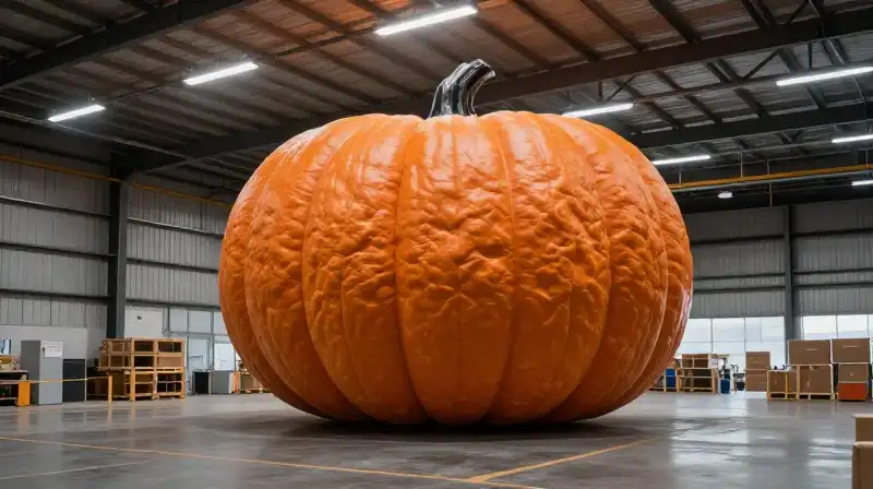 A giant pumpkin sits within a vast warehouse