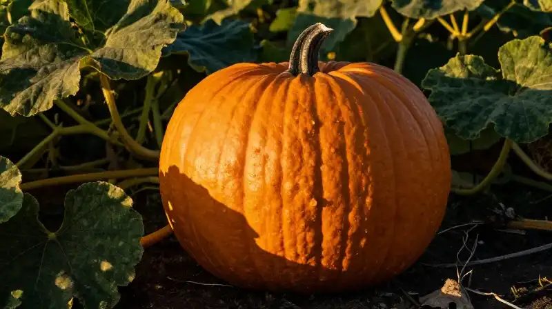A massive pumpkin glows in golden sunlight amidst lush green foliage