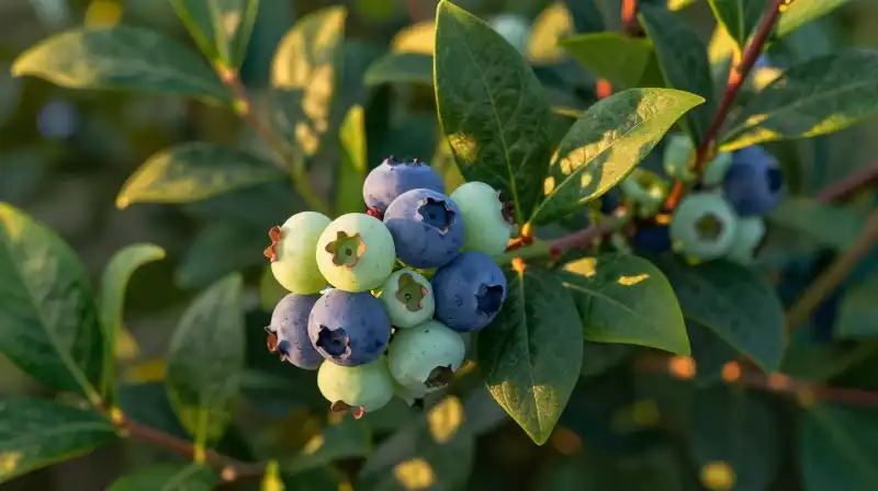 A detailed blueberry plant glows under warm, dappled sunlight