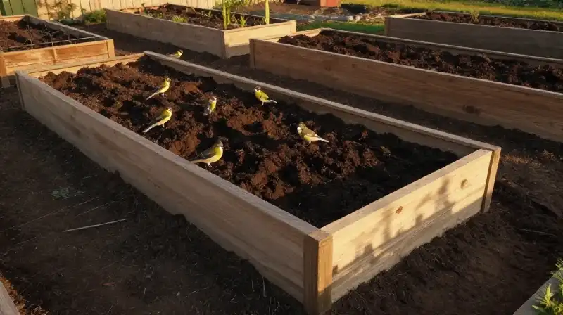Wooden raised garden beds surround freshly tilled earth during a golden hour
