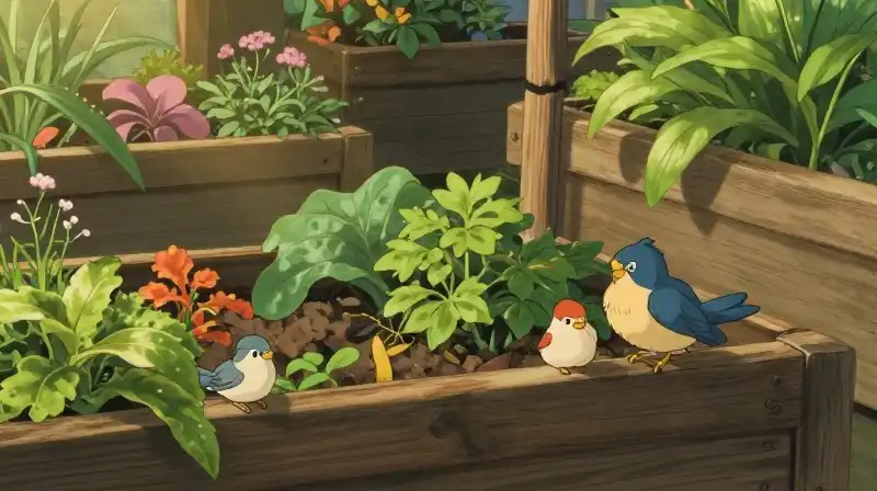Whimsical birds nest in lush gardens bathed in golden sunlight