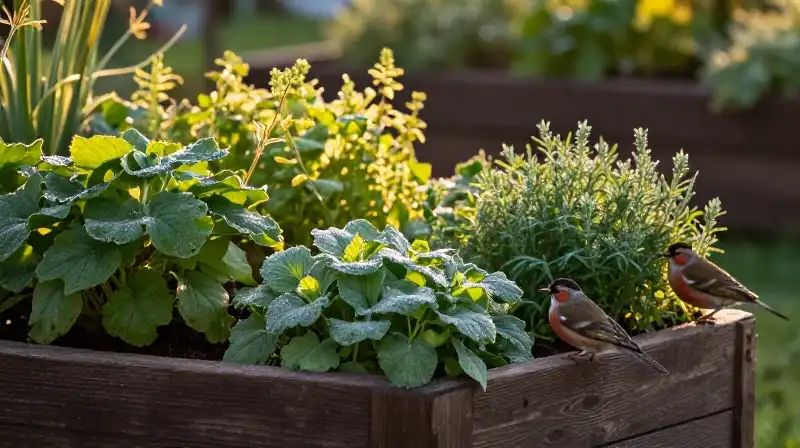 Finches perch on vibrant, dew-kissed garden herbs