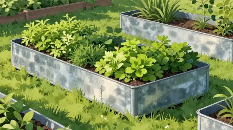 Bright green foliage grows inside galvanized steel beds in soft sunlight