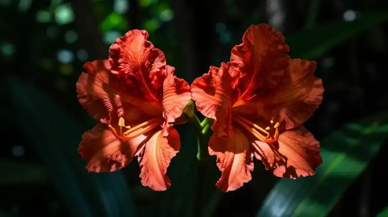 Vibrant purple blossoms emerge from the dense, sun-drenched jungle