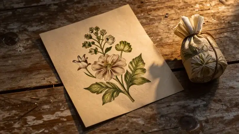 Hyperdetailed yellow blossoms and herbal bundles rest on weathered wood
