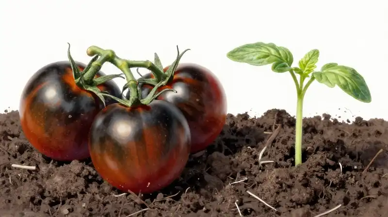 Ripe black cherry tomatoes and seedlings thrive in rich soil under dappled light