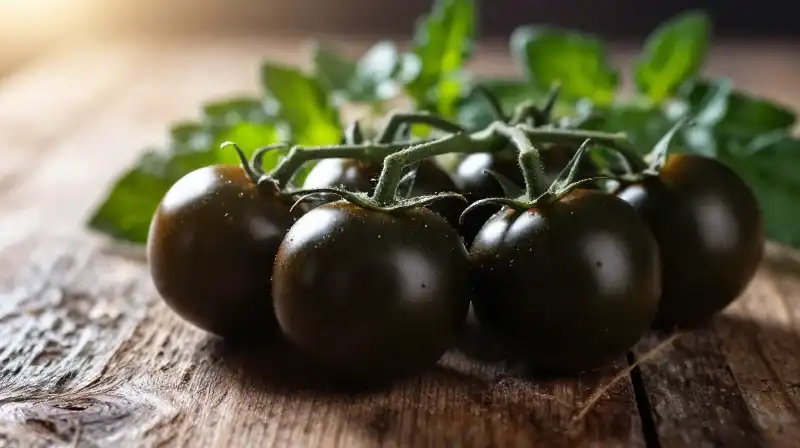 Glossy black tomatoes and vibrant green foliage sit on rustic wood