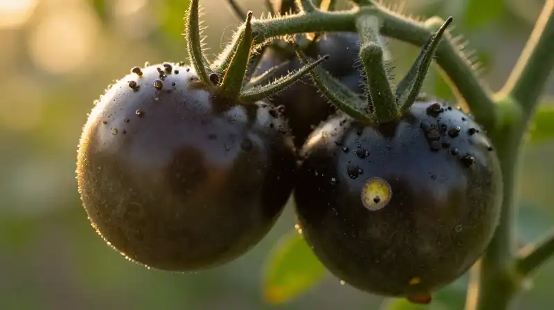 Dark tomatoes covered in pests glow under a golden greenhouse light