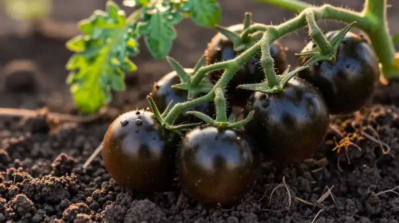 Black tomatoes and vibrant green leaves bathed in golden light