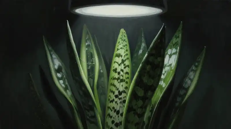 A sleek dark green snake plant stands dramatically under an overhead spotlight