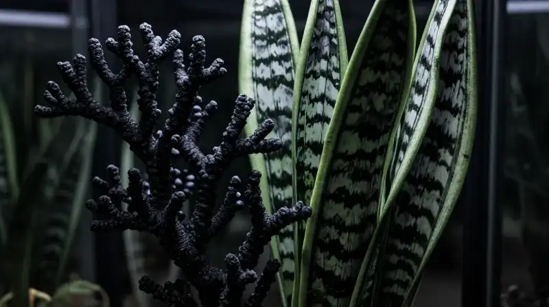 Dark plant and black coral grow in a moody, dramatically lit space