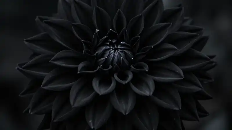 A matte black dahlia emerges dramatically from deep shadows