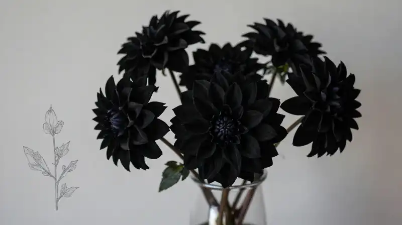 Dramatic black dahlias bloom elegantly in a moody glass vase