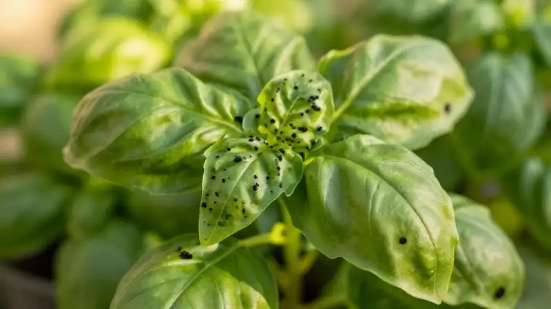 Glossy basil leaves show dark spots in bright garden sunlight