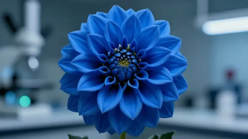 A blue dahlia sits geometrically within a futuristic high-tech laboratory