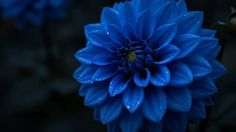 Midnight blue dahlia blooms amidst moody shadows and sparkling dew