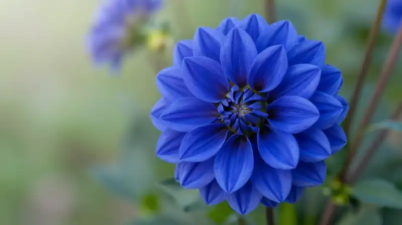 Vibrant indigo dahlia blooms softly amid lush green foliage