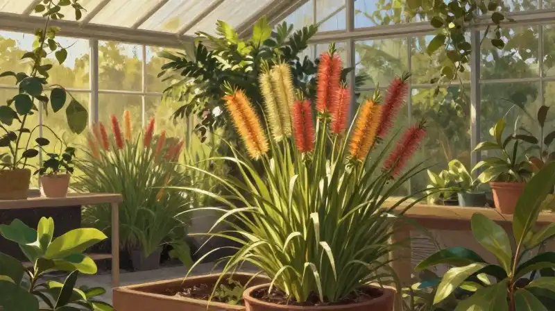 Golden light illuminates soft, wispy bottle brush grass inside the greenhouse
