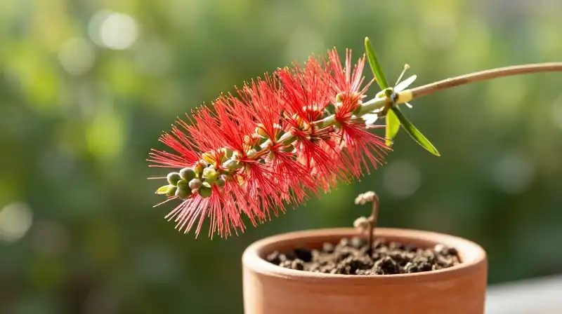 Lush bottle brush grass shines in a small pot under bright sunlight