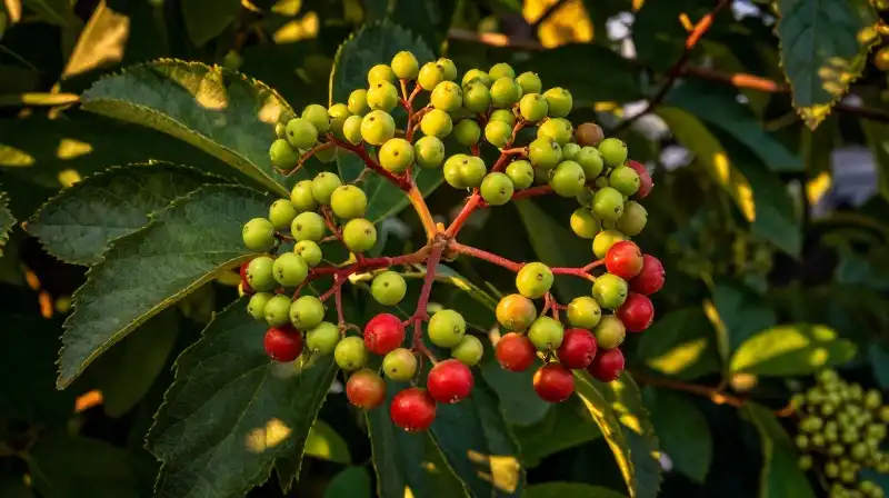 A tiny, crimson-speckled sprig sits in a lush, golden garden