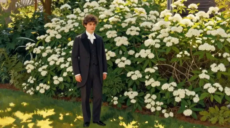 A dapper man in an antique suit stands in a lush garden bathed in golden light