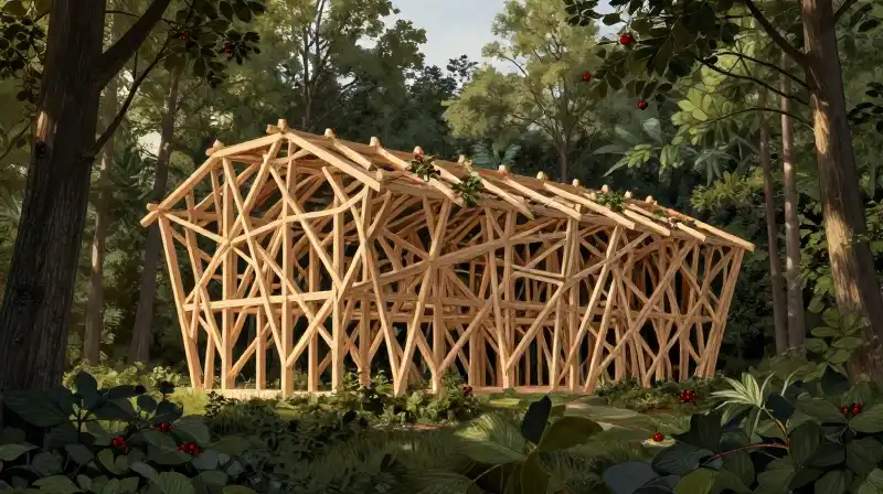 Golden light illuminates massive timber frames tangled with viburnum berries